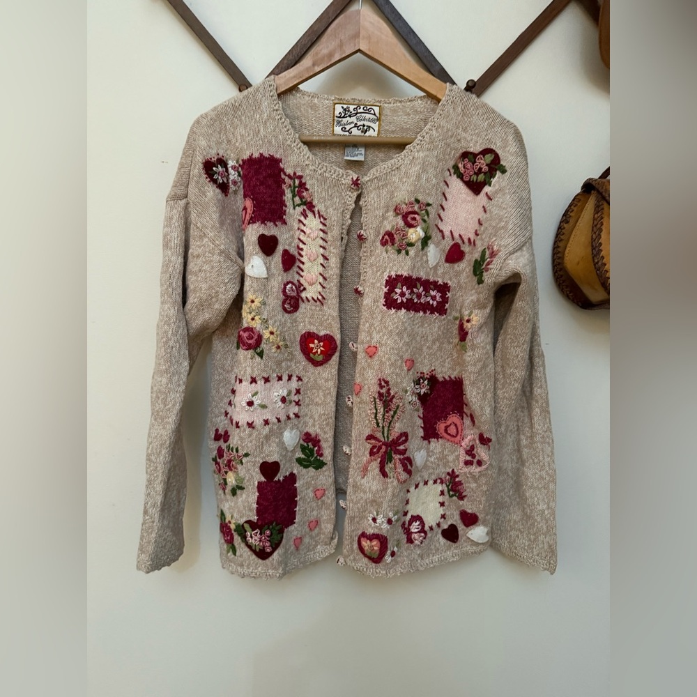 Embroidered Patchwork Beige Cardigan Sweater With… - image 1